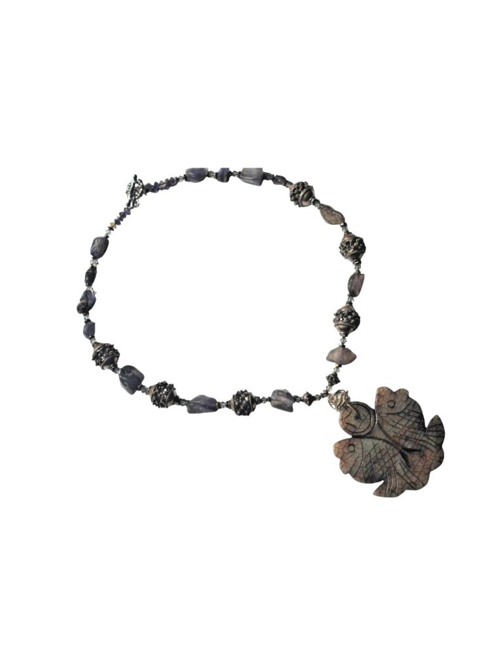 Silver Tone Carved Stone Fish Necklace Open Work Beaded Unique Koi Pisces Asian